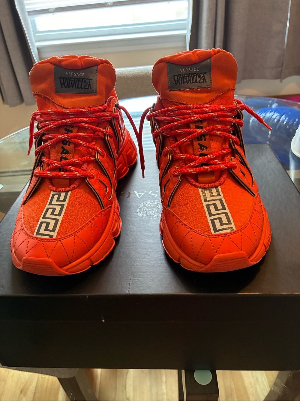 Versace Bright Orange Greek Key Chunky Sneakers